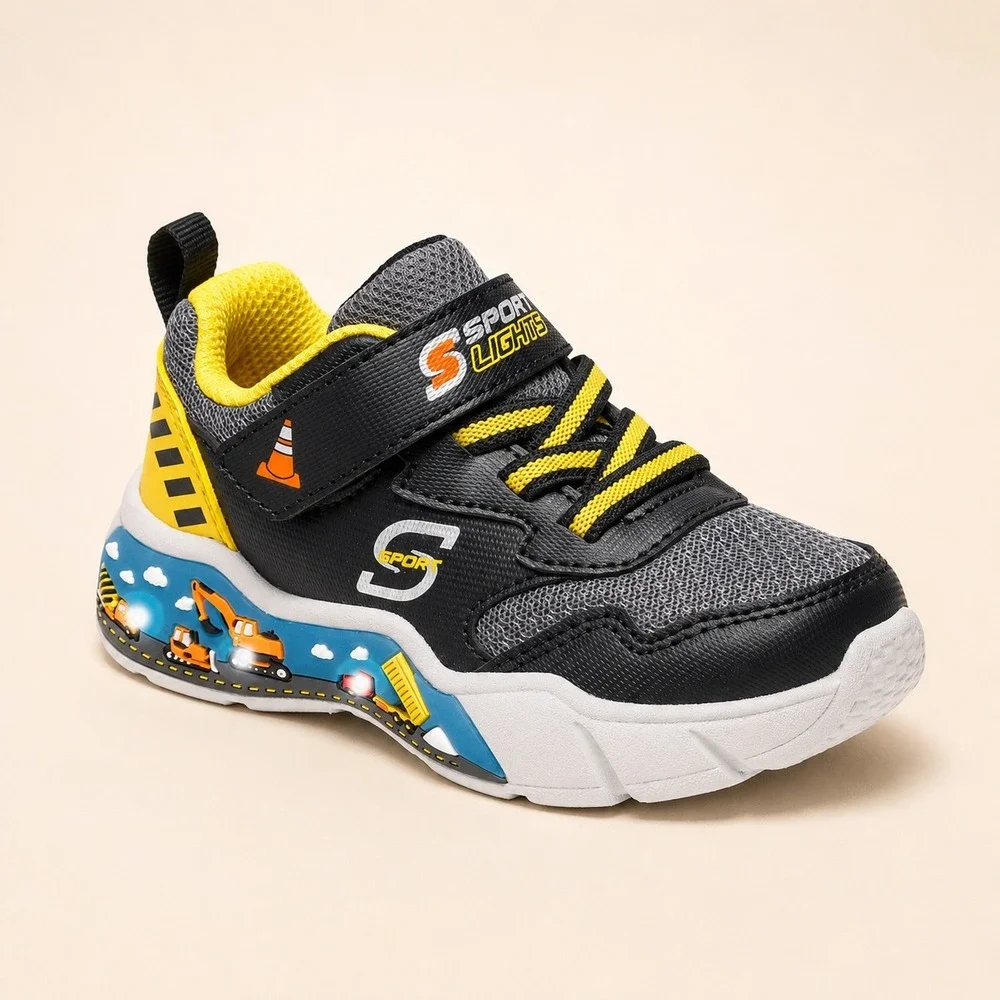 Skechers S-Lights Boys Construction Light Up Sneakers Black Yellow Kids Size 10